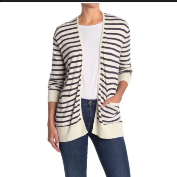 Madewell lightweight striped open front cardigan white and navy striped pockets - Picture 1 of 10